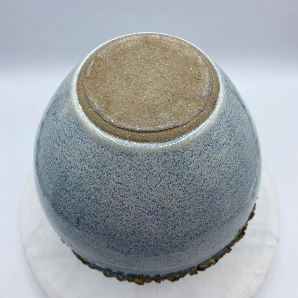 Studio Pottery Blue Speckled Globular Vase Textured Brown Band Artist Signed 8